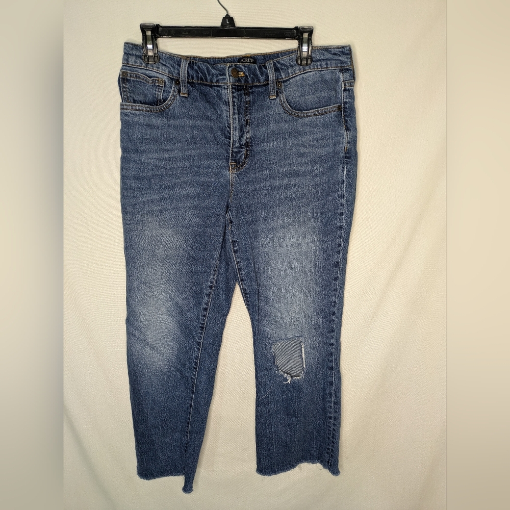 J Crew Mid Rise Flare Crop Denim Jeans Raw Hem Size 30 with Pockets
